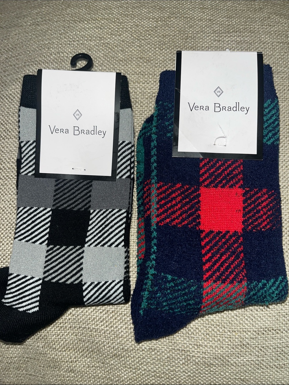 Vera Bradley Plaid Crew Socks - Black, Gray & Navy, Red, Green